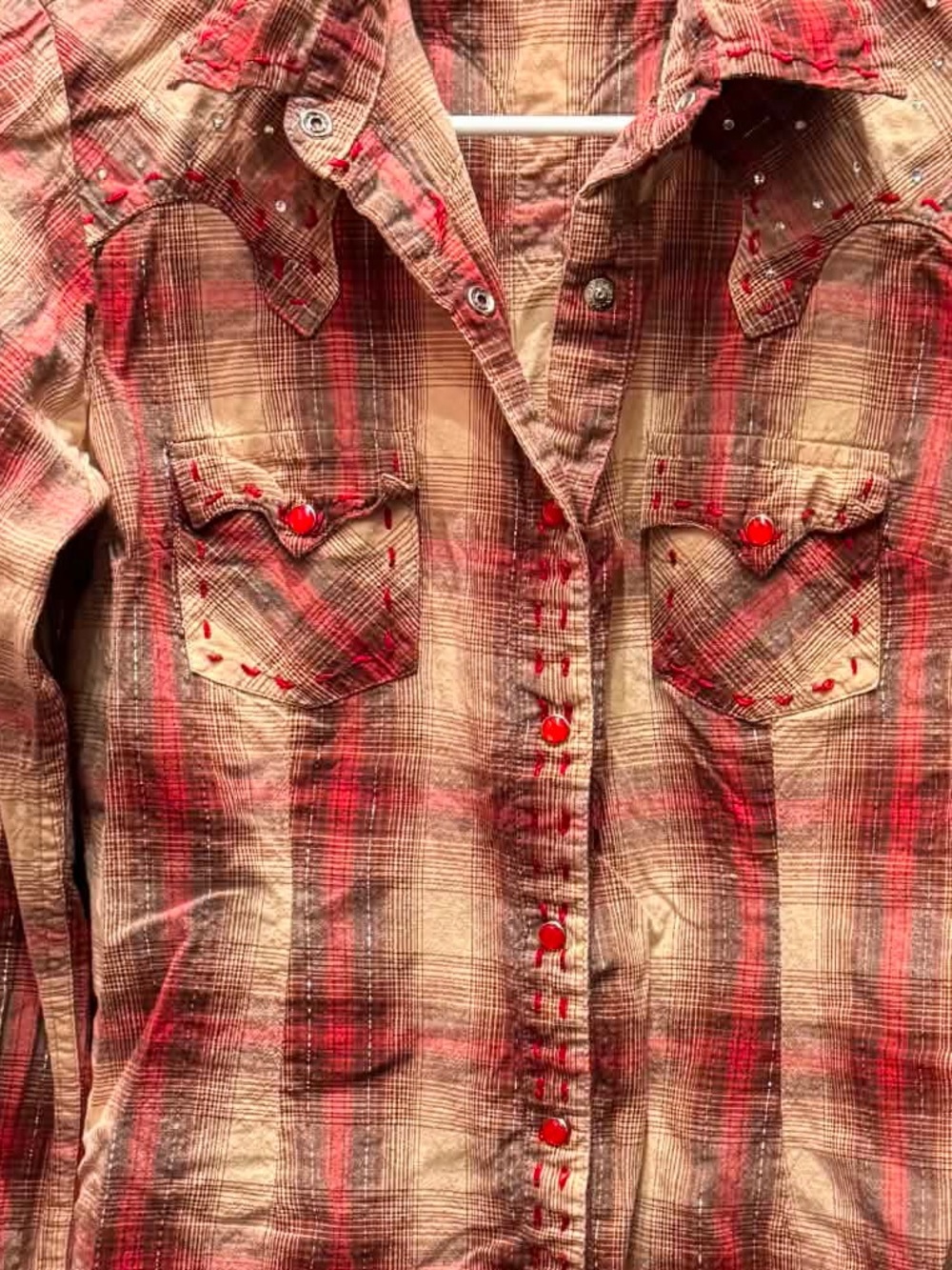 Panhandle Slim Red and Tan Plaid Button-Down Shirt MEDIUM - Picture 4 of 6